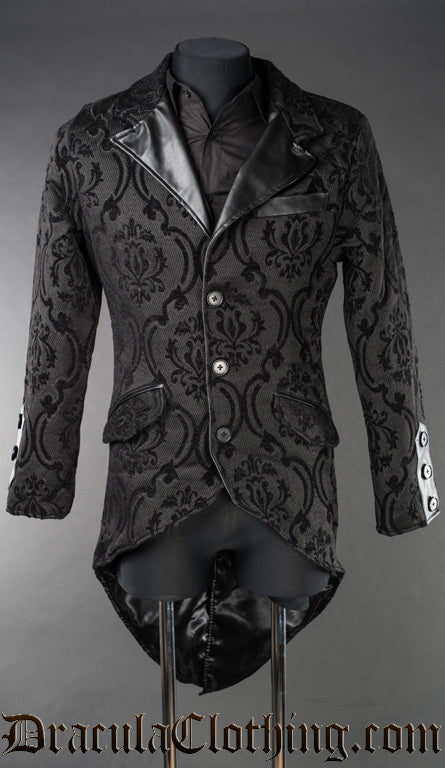 Men's black brocade tailcoat with black faux leather collar and accents