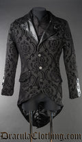 Men's black brocade tailcoat with black faux leather collar and accents