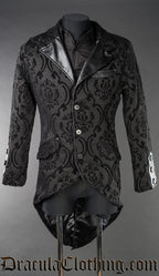 Men's black brocade tailcoat with black faux leather collar and accents