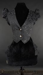 Women's black brocade tailcoat with capped sleeves and front button closure
