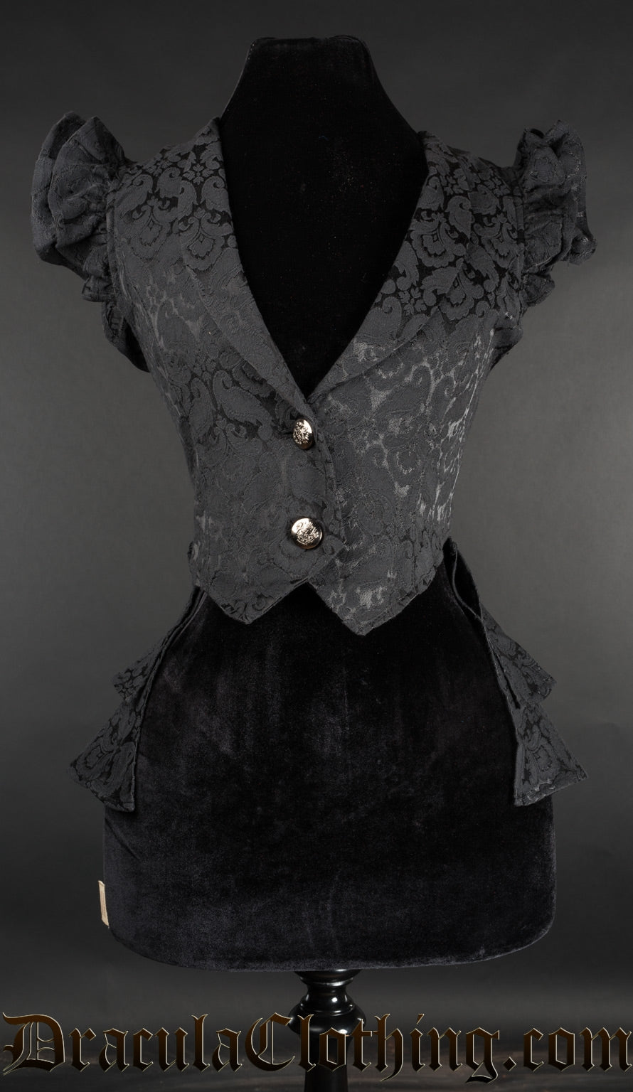 Women's black brocade tailcoat with capped sleeves and front button closure