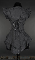 Back view of women's black brocade tailcoat vest showing adjustable corset style lacing in torso