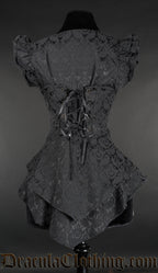 Back view of women's black brocade tailcoat vest showing adjustable corset style lacing in torso