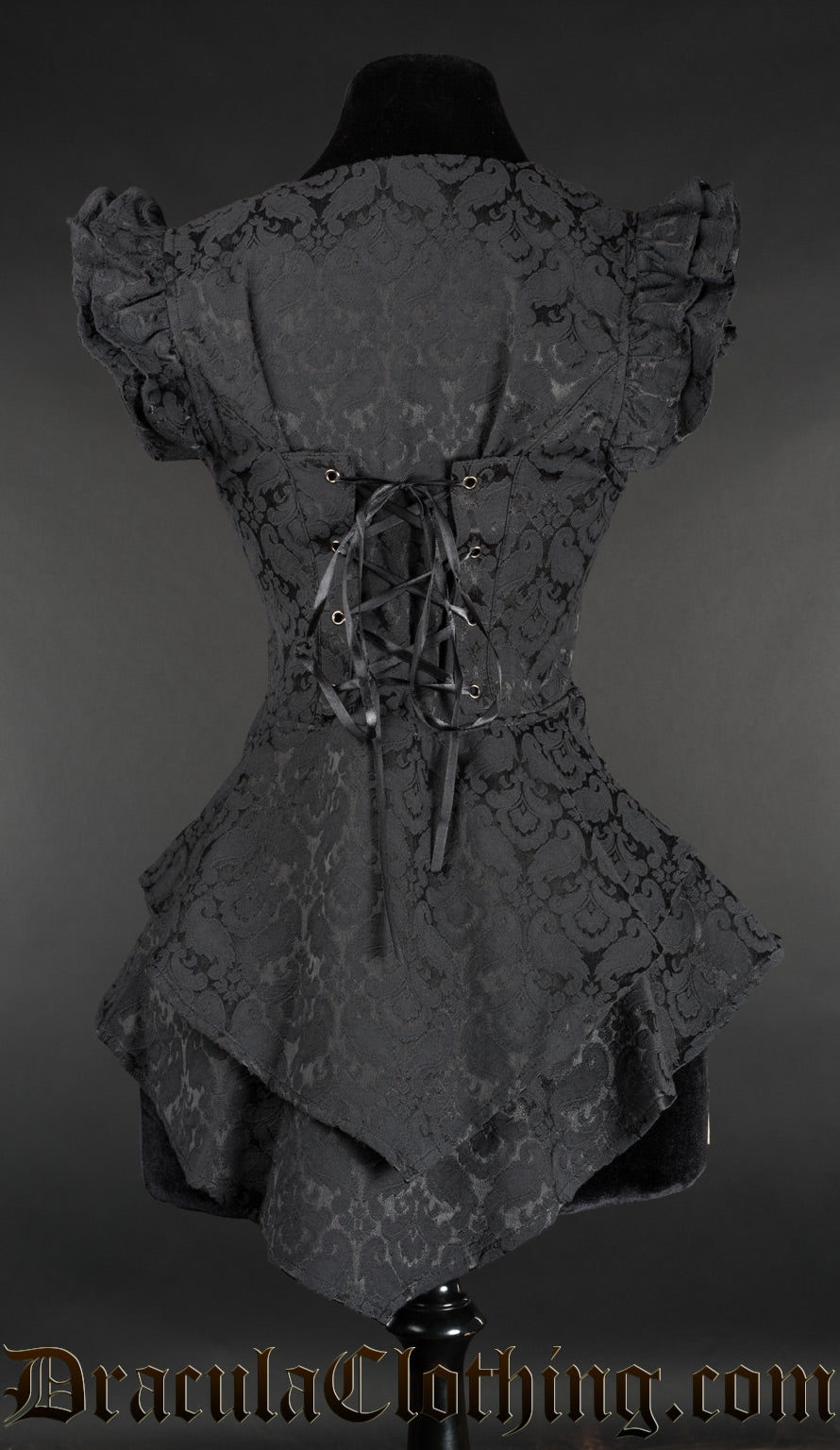 Back view of women's black brocade tailcoat vest showing adjustable corset style lacing in torso