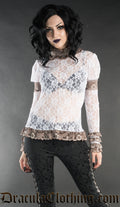 Model wearing women's white sheer lace long sleeve top with brown lace accents
