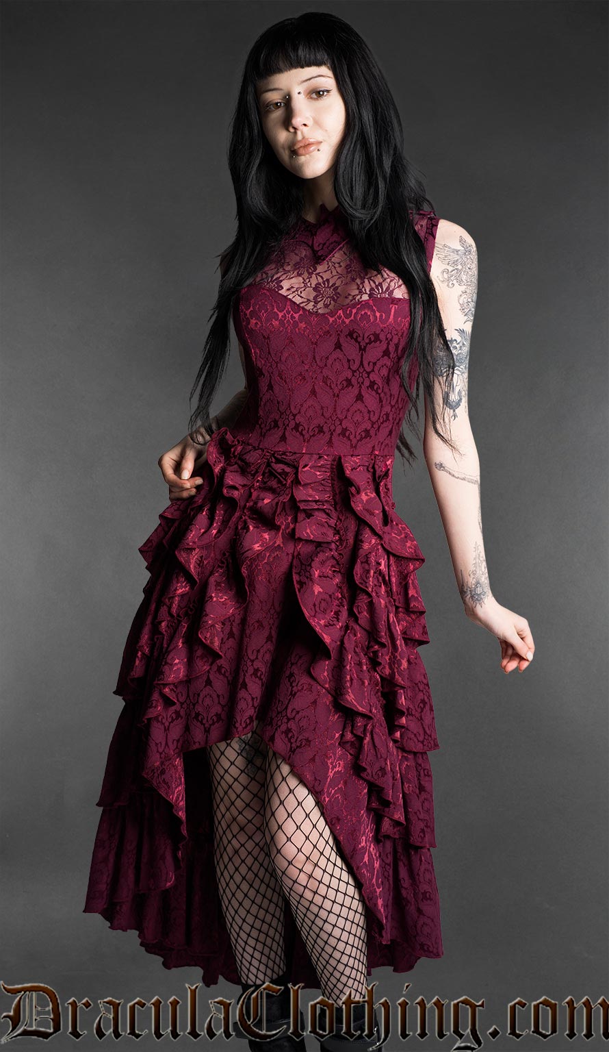 Burgundy Bat Ruffle Dress