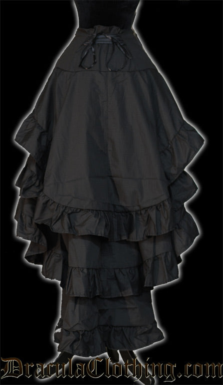 Back view of black layered bustle skirt for women showing back layers and adjustable lacing in the waist