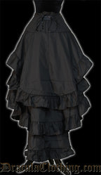 Back view of black layered bustle skirt for women showing back layers and adjustable lacing in the waist
