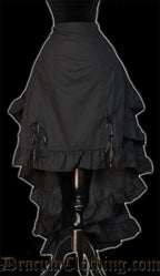 Front view of black layer bustle skirt with front lowered