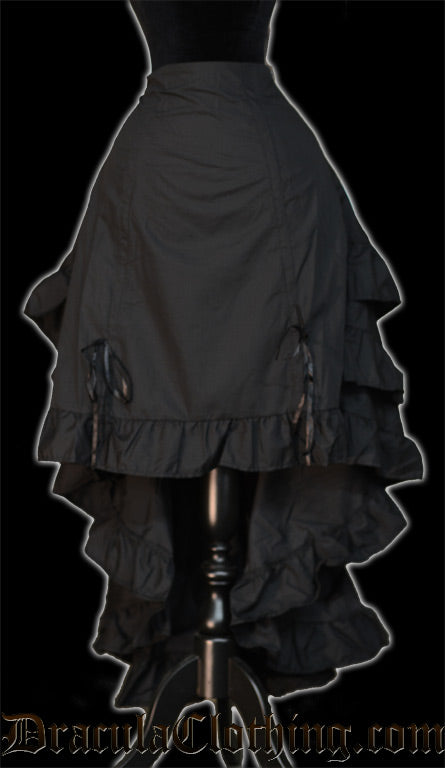 Front view of black layer bustle skirt with front lowered