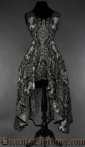 Women's sleeveless high low dress with printed cameo portrait design on a black background