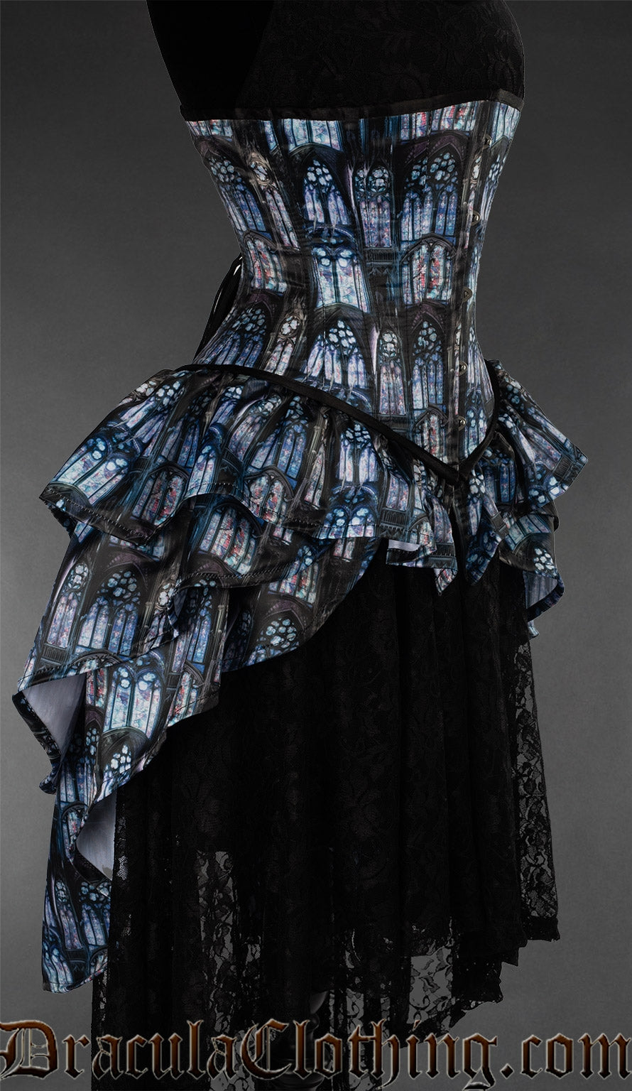 Side view of printed corset with cathedral window print and attached bustle layer skirt 