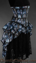 Side view of printed corset with cathedral window print and attached bustle layer skirt 