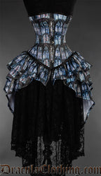 Corset with printed design of cathedral gothic windows and extra layered bustle attached