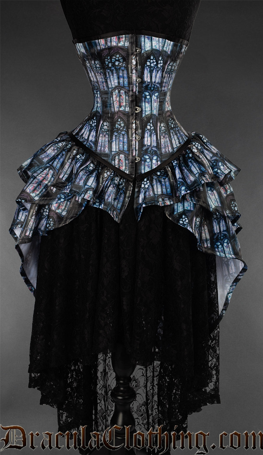 Corset with printed design of cathedral gothic windows and extra layered bustle attached
