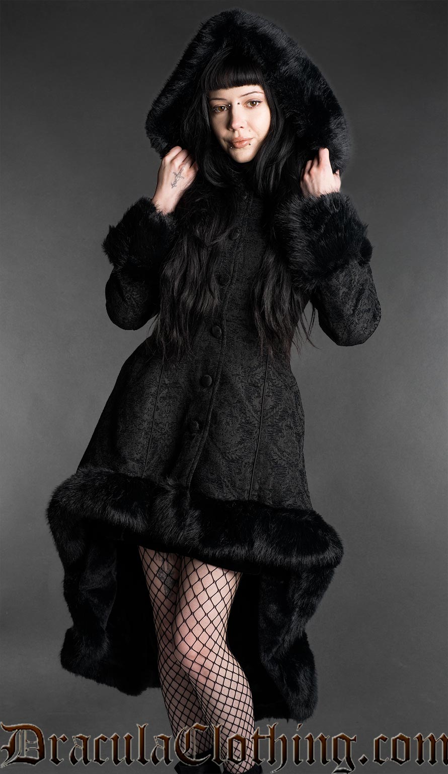 Chenille Brocade High Low Winter Coat With Hood