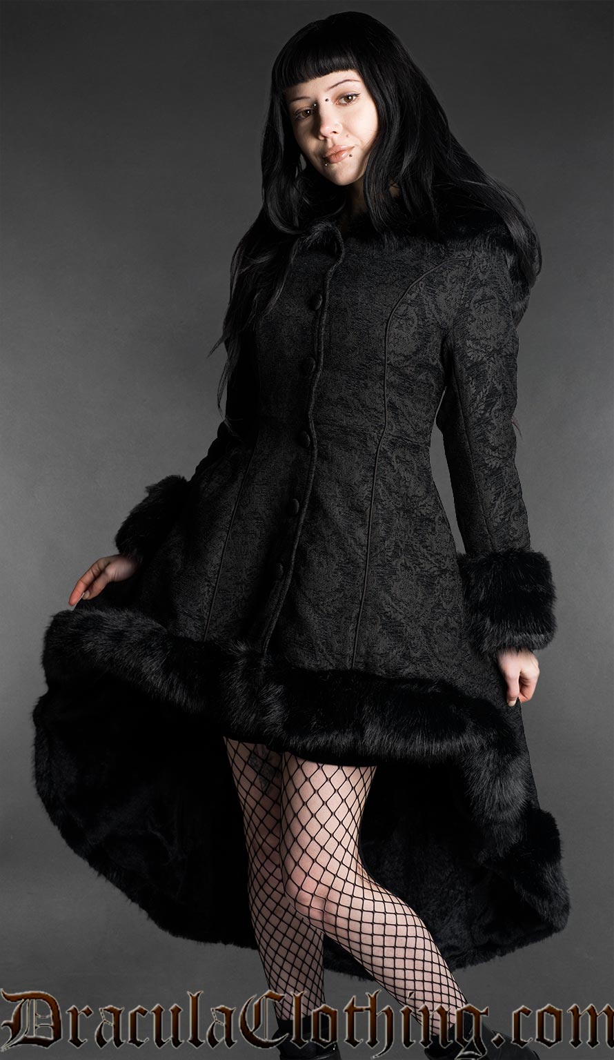 Chenille Brocade High Low Winter Coat With Hood