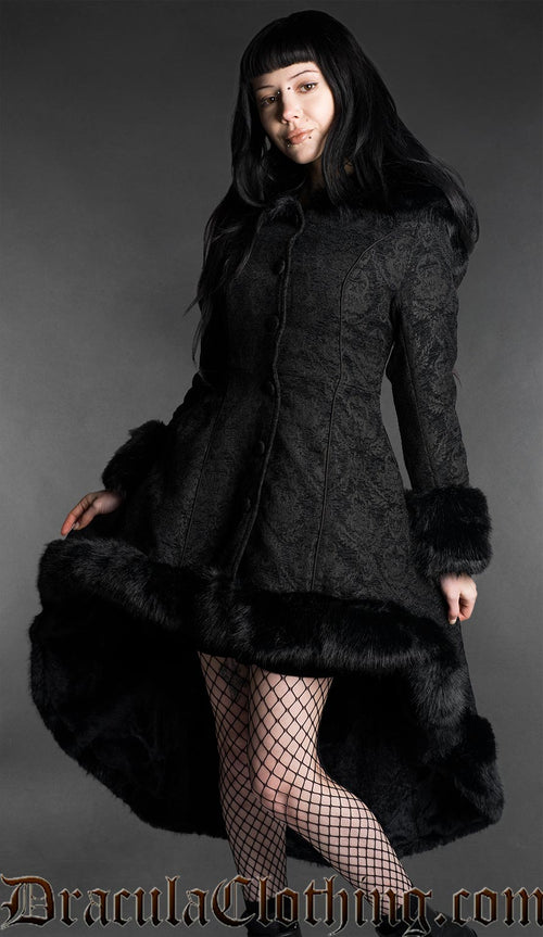 Chenille Brocade High Low Winter Coat With Hood