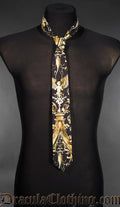 Black neck tie with printed golden cherub and architectural pattern design