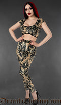 Women's velvet high waisted leggings with golden and black cherub architectural print