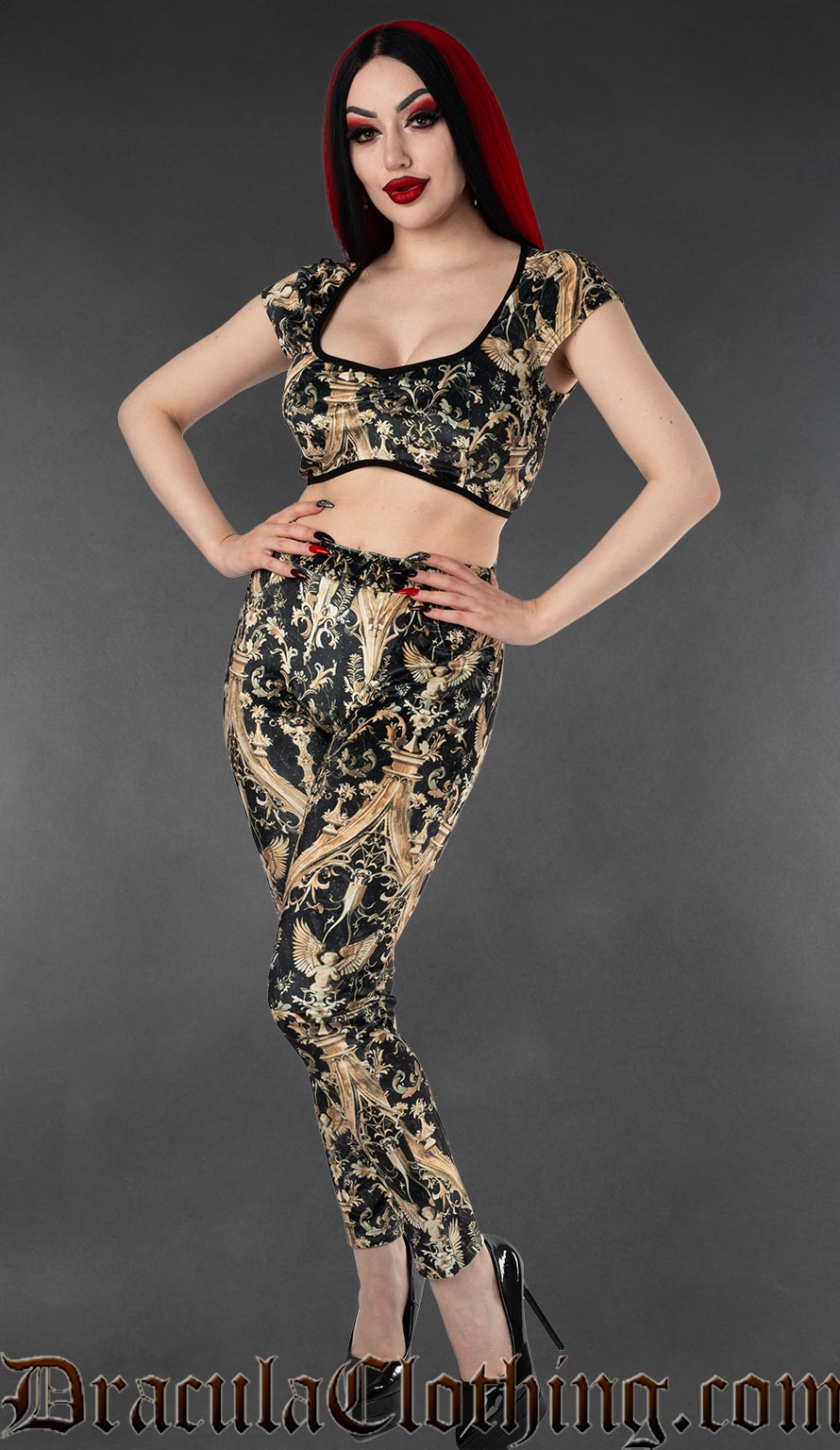 Women's velvet high waisted leggings with golden and black cherub architectural print