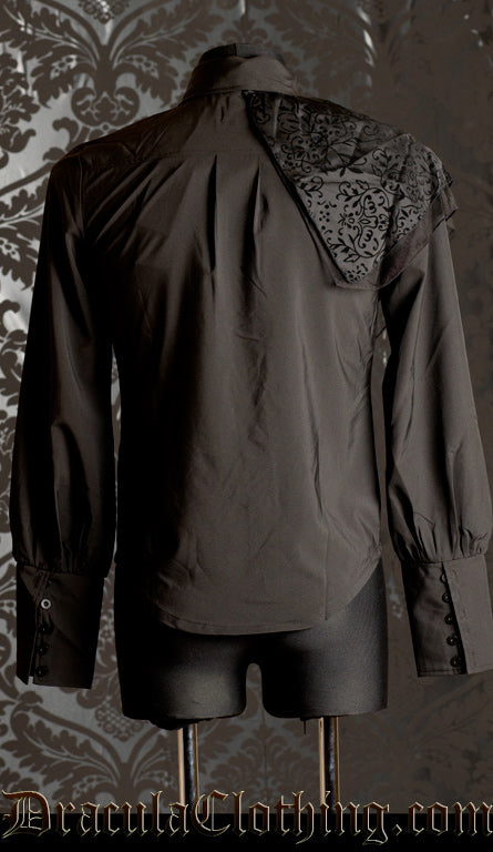 Back view of men's long sleeved black shirt with detachable lace