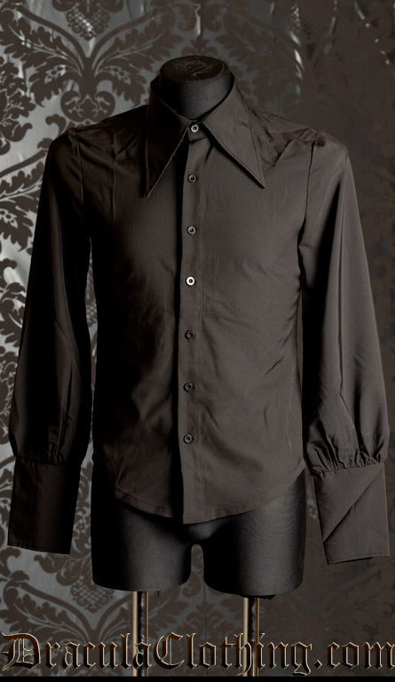 Black long sleeved formal men's shirt with swallow tail collar shown without lace
