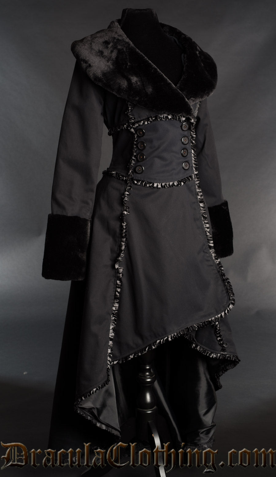 Women's black cotton high low coat with faux fur and satin details