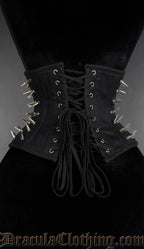 Back view of Black cotton spiked waist cincher with silver metal studs in gothic punk style. Fully steel boned with spiral metal boning in the sides and busk in the back and front