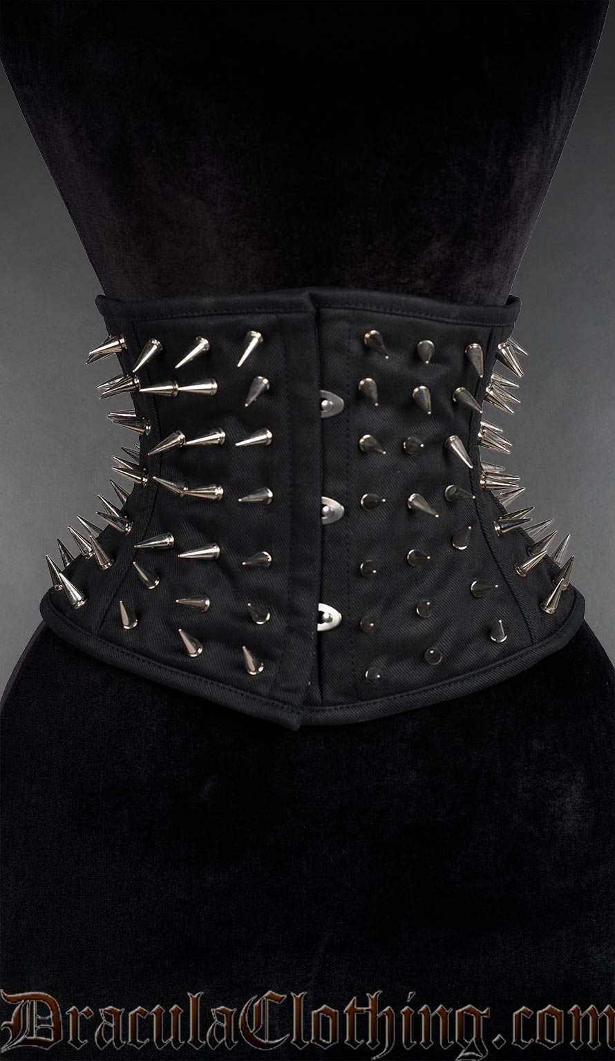 Black cotton spiked waist cincher with silver metal studs in gothic punk style. Fully steel boned with spiral metal boning in the sides and busk in the back and front