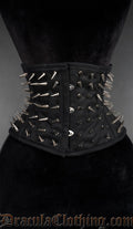 Black cotton spiked waist cincher with silver metal studs in gothic punk style. Fully steel boned with spiral metal boning in the sides and busk in the back and front