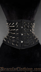 Black cotton spiked waist cincher with silver metal studs in gothic punk style. Fully steel boned with spiral metal boning in the sides and busk in the back and front