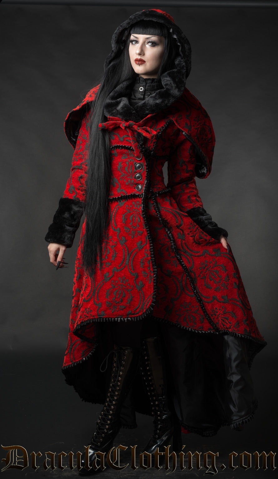 Women's red and black thick brocade winter coat with an attachable hood and coat shown worn by model