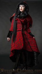 Women's red and black thick brocade winter coat with an attachable hood and coat shown worn by model