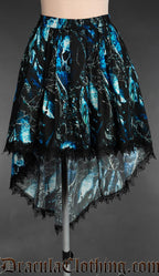 Blue and black multicolour pirate skull themed high low women's skirt with black lace trim and elasticated waistband