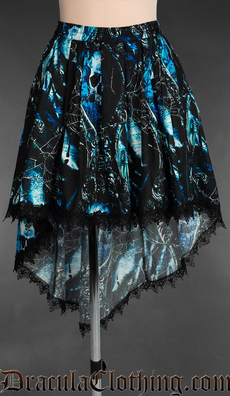 Blue and black multicolour pirate skull themed high low women's skirt with black lace trim and elasticated waistband