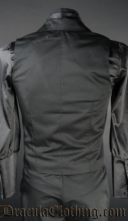 Back view of men's black waistcoat showing tailored back