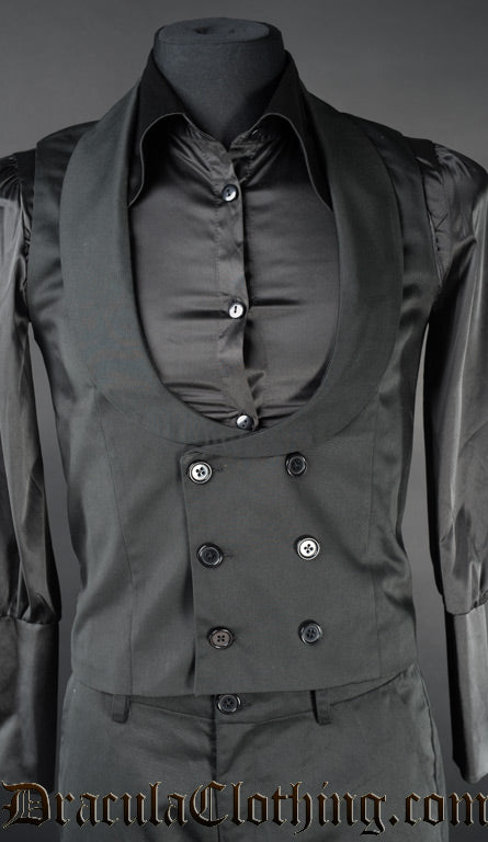 Men's black waistcoat with rounded shawl collar and a double row of buttons in the centre