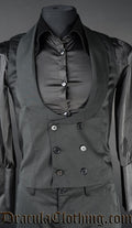 Men's black waistcoat with rounded shawl collar and a double row of buttons in the centre