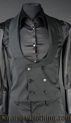 Men's black waistcoat with rounded shawl collar and a double row of buttons in the centre