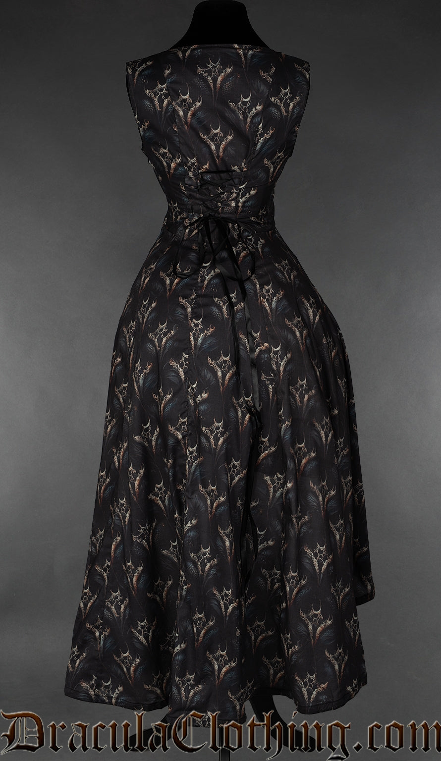 Back view of women's sleeveless black dress with dragon print showing adjustable corset style lacing