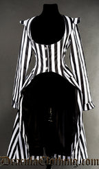 Women's EGA coat in black and white vertical stripes and openbust design that is short in front and longer in the back