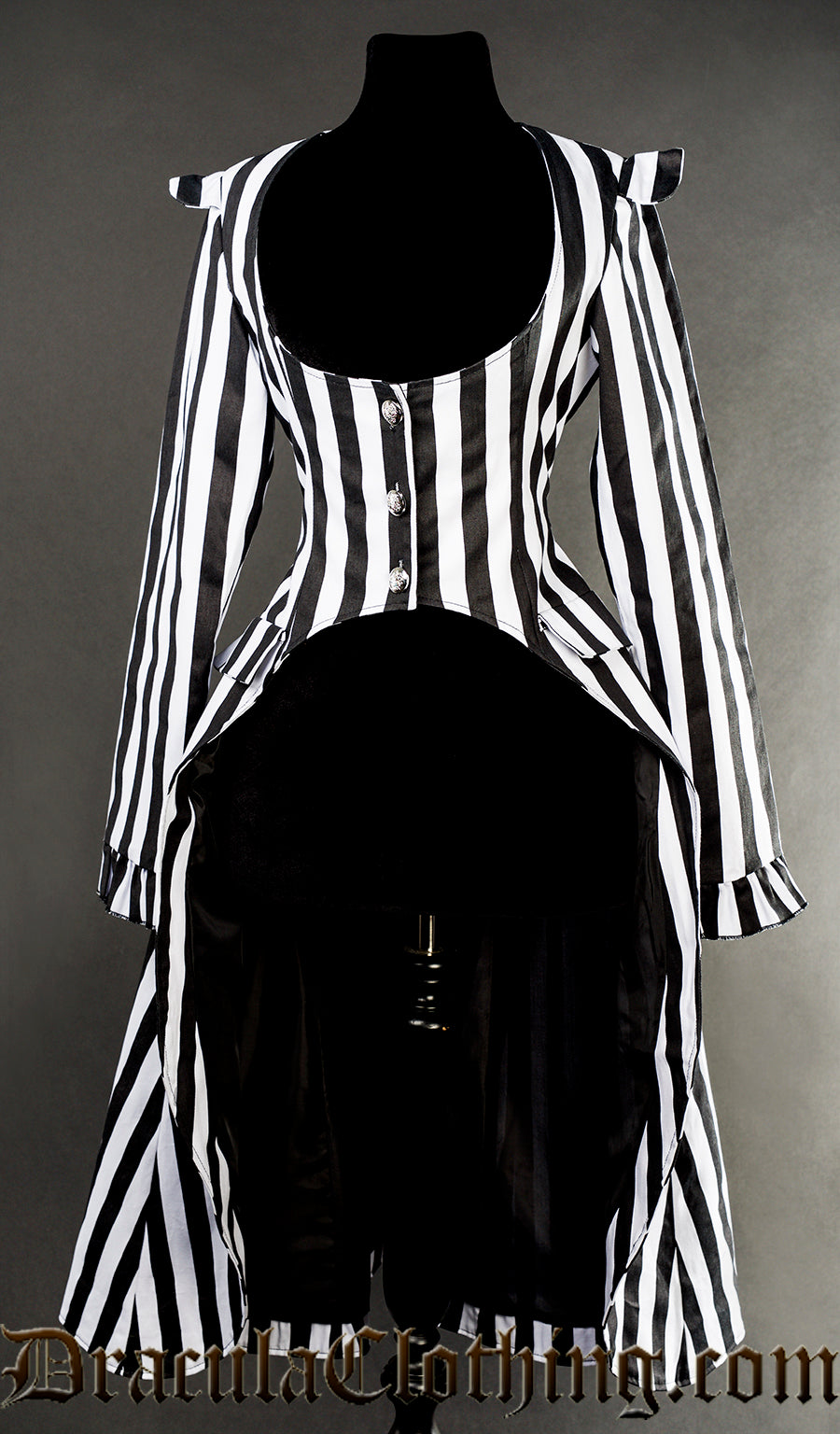 Women's EGA coat in black and white vertical stripes and openbust design that is short in front and longer in the back