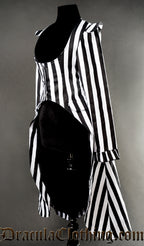 Side view of black and white striped women's EGA coat showing shape and shoulder flair
