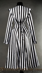 Back view of striped black and white EGA coat showing adjustable corset style lacing in the torso