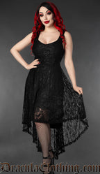 Model wearing black sleeveless lace high low dress without detachable bolero