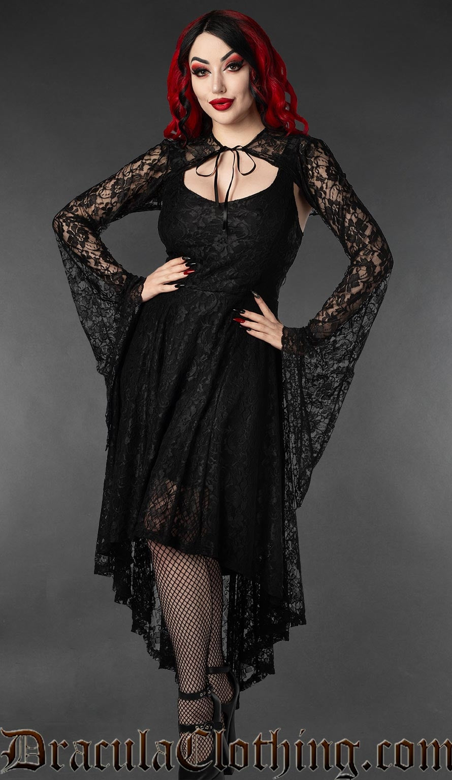 Black lace high low women's dress worn by a model with detachable lace long trumpet sleeve bolero 