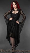 Black lace high low women's dress worn by a model with detachable lace long trumpet sleeve bolero 