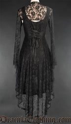 Back view of women's black lace dress showing adjustable corset style lacing and sheer lace back of detachable bolero
