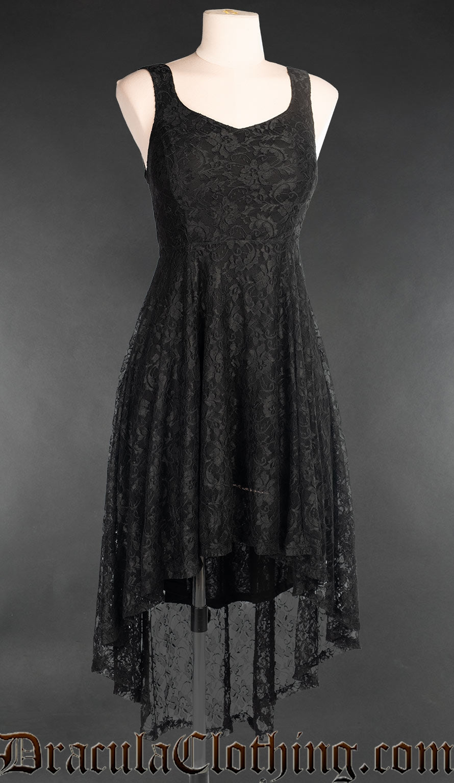 Black lace high low women's dress shown without detachable bolero in a sleeveless style